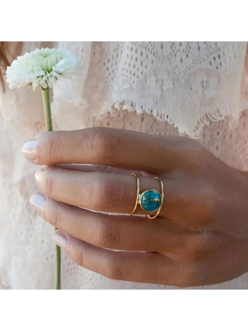 14K Gold Plated Statement Ring Simulated Blue Turquoise 925 Silver Plated Gem